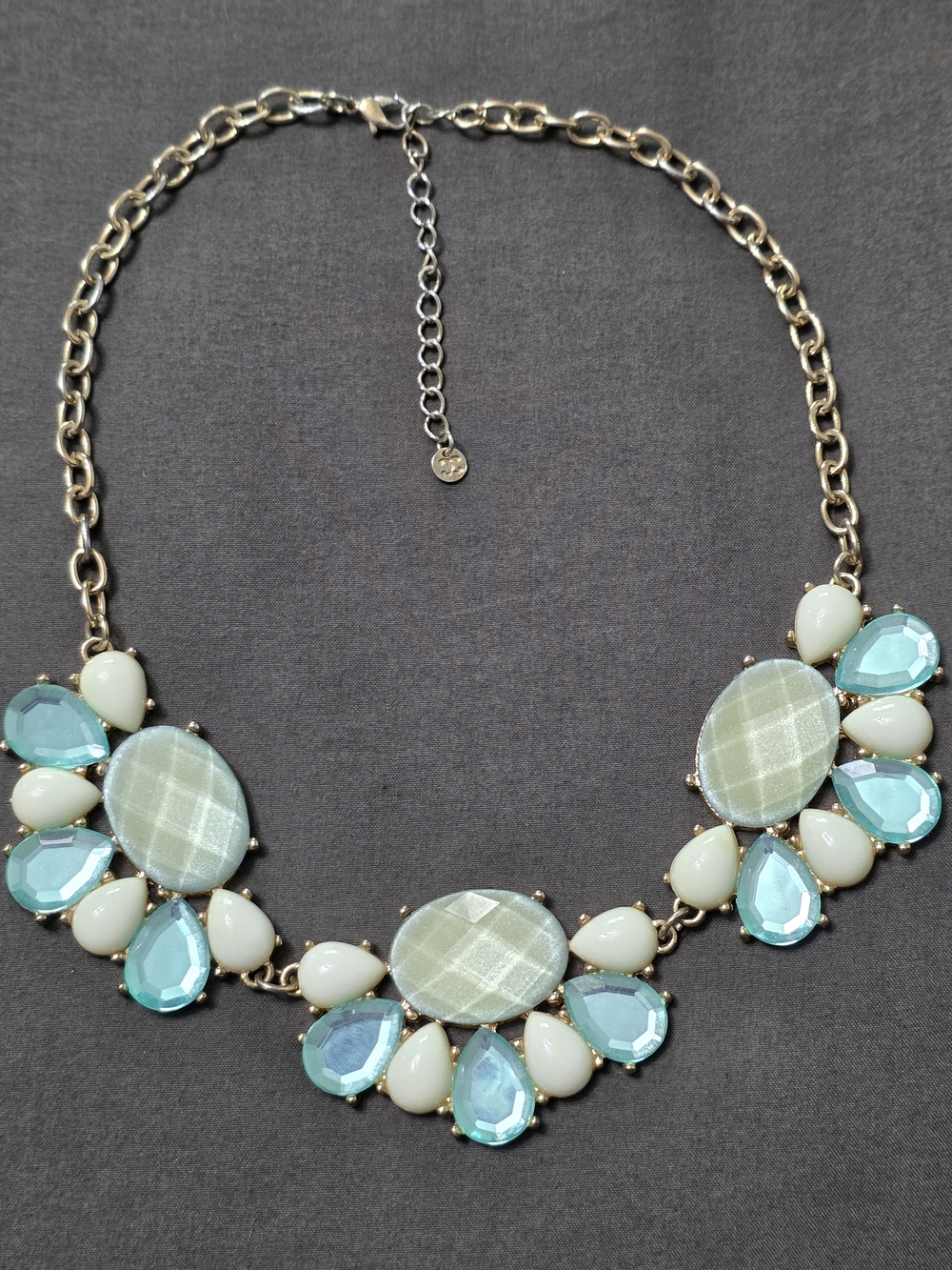 Estate - Aqua and Cream Floral Bib Necklace - 49